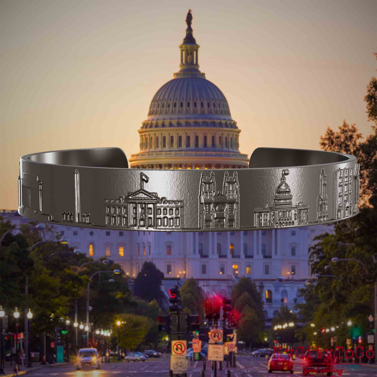 Armreif aus Titan mit Reliefs bekannter Sehenswürdigkeiten der Stadt Washington. Den Hintergrund bildet eine Ansicht der Stadt Washington.